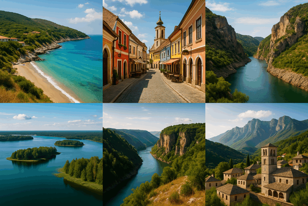 Panorama Balkana - reka kroz klisuru, planinski manastir, obala i sela