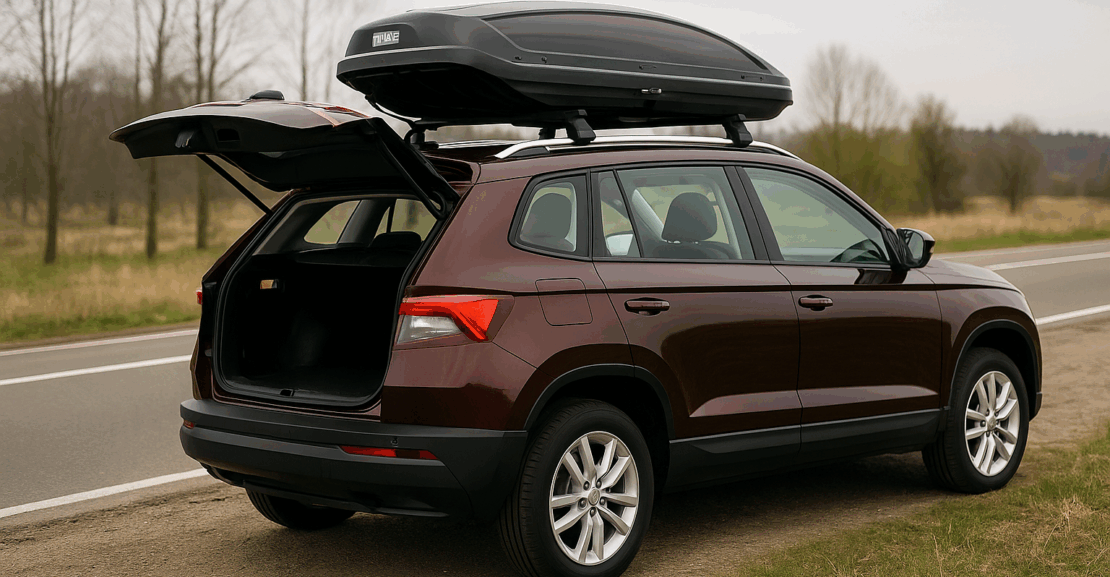 Montaža krovnog kofera na automobilu ispred porodične kuće