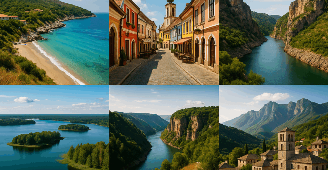 Panorama Balkana – reka kroz klisuru, planinski manastir, obala i sela