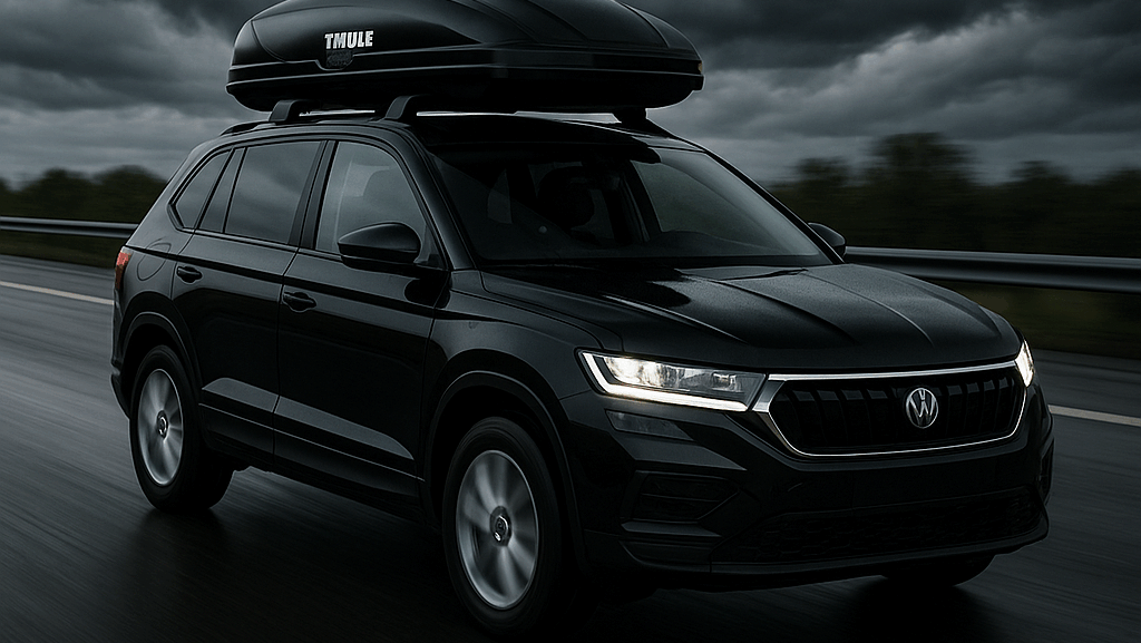 Automobil sa krovnim koferom u vožnji na autoputu