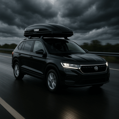 Automobil sa krovnim koferom u vožnji na autoputu