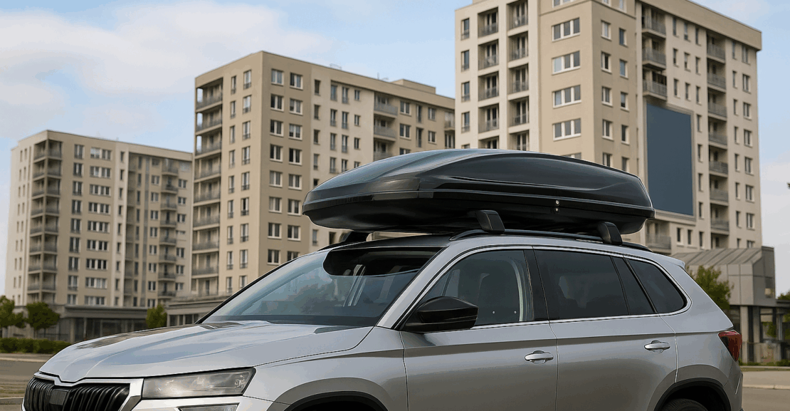 Automobil sa manjim krovnim koferom na dnevnom izletu