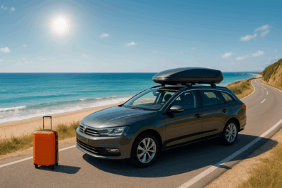 Poređenje iznajmljivanja i kupovine krovnog kofera – automobil sa koferom u pokretu